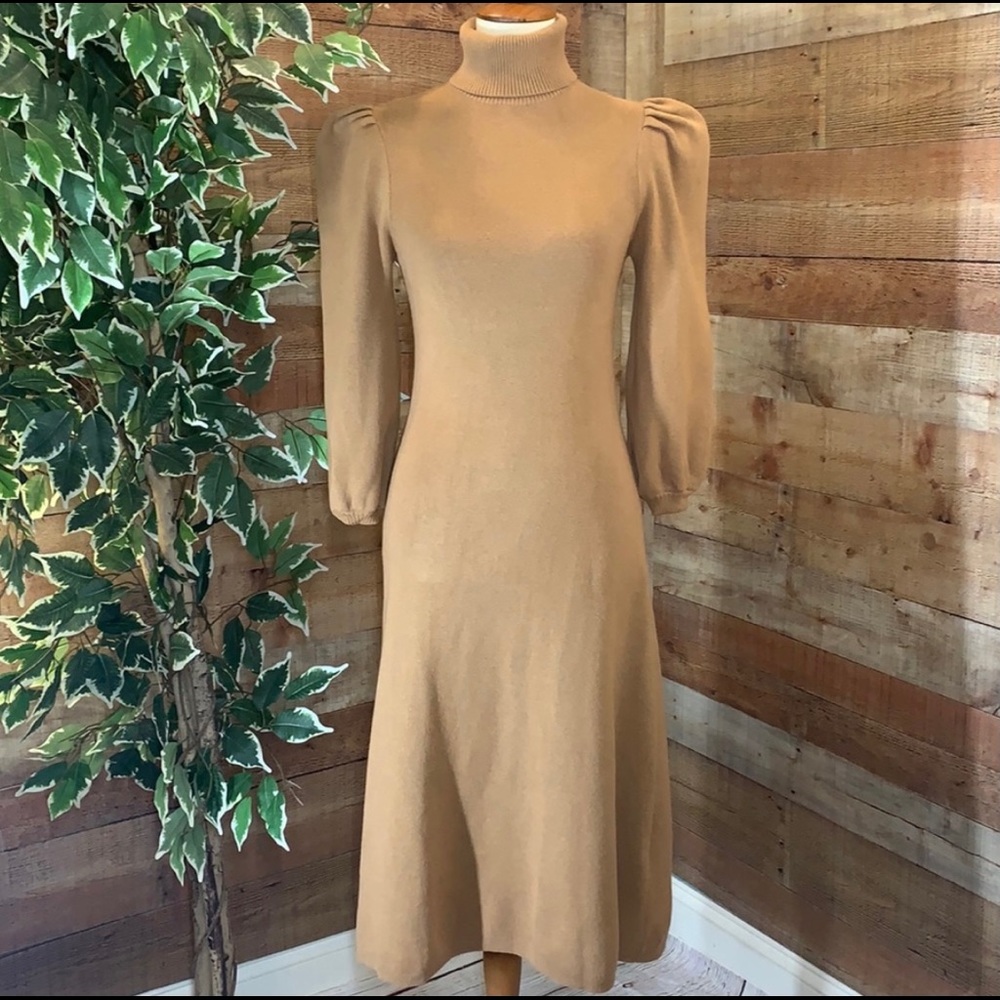 Who What Wear Camel Color Turtleneck Puffed Sleeve Sweater Dress Small